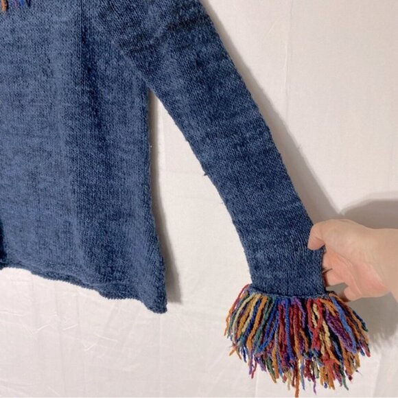 Vintage World Folk Art Imports Blue Wool Knit Sweater With Rainbow Fringe Trim M - Picture 13 of 15